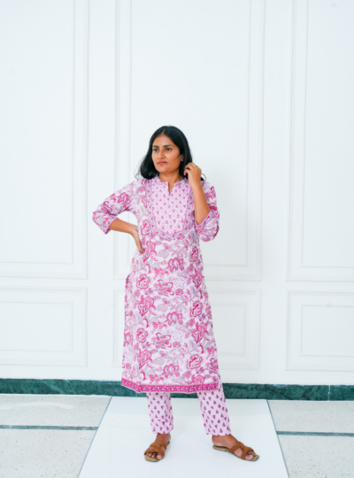 Pink Floral Cotton Kurta Set