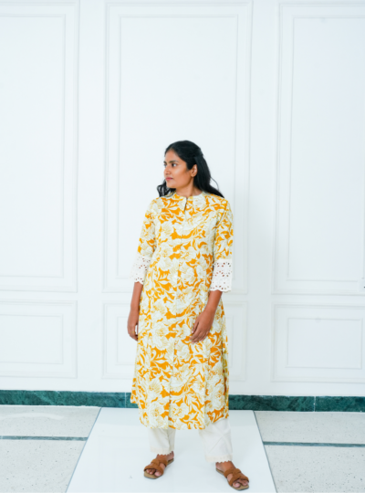 Yellow Floral Print Cotton kurta Set