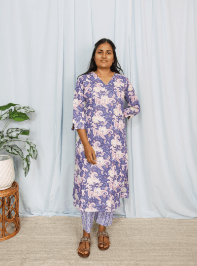Violet Floral Print Cotton Kurta Set