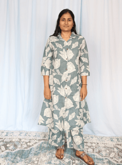 Sea Green Floral Print Collared Cotton Co-ord Set