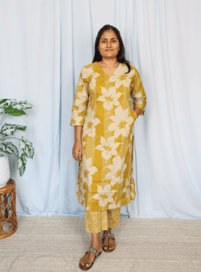 Yellow Floral Print Cotton Kurta Set