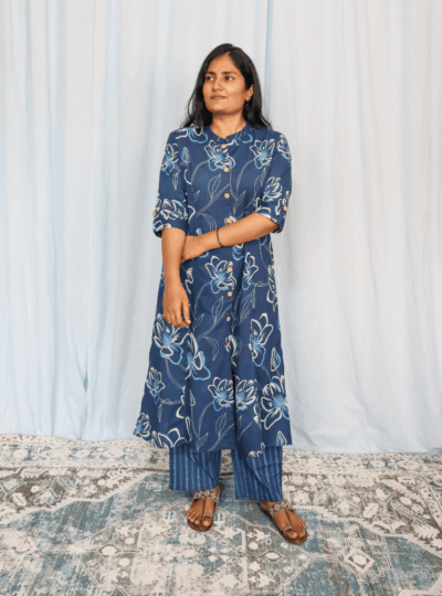 Blue Floral Print Cotton Kurta Set