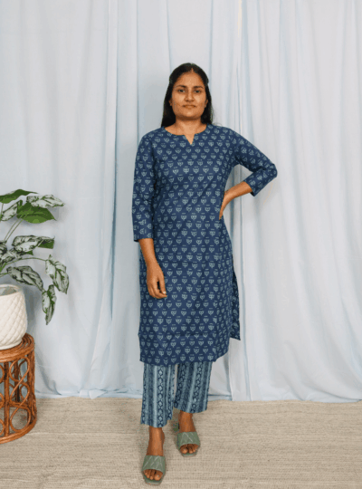 Dark Blue Floral Print Aline Cotton Kurta Set