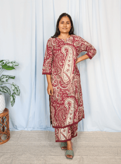 Wine Mango Print Cotton Kurta Set