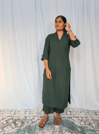 Seaweed Green Solid Kurta Set with Small Detail on Neck and Hands