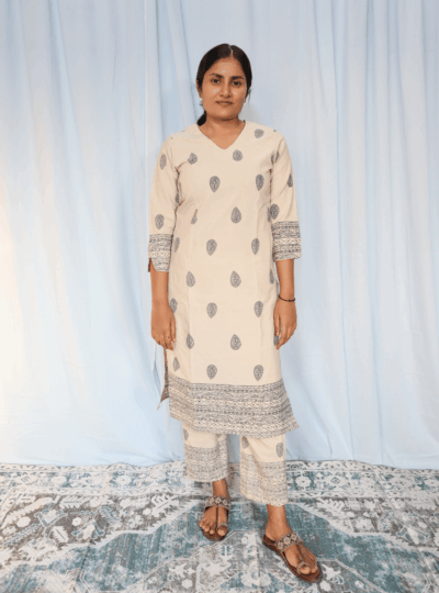 Cream Color Printed Cotton Kurta Set