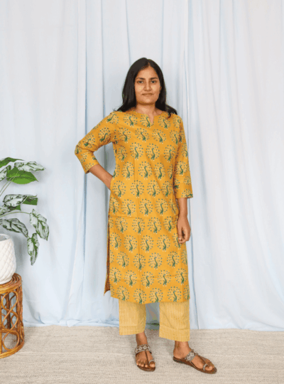 Peacock Print Yellow Cotton Kurta Set