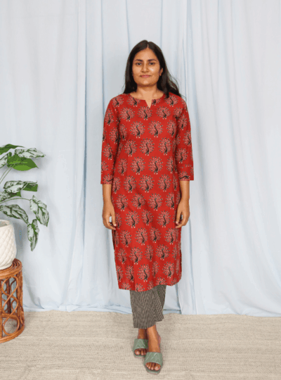 Red Peacock Print Cotton Kurta Set