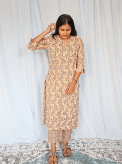 Light Peach Mango Print Cotton Kurta Set