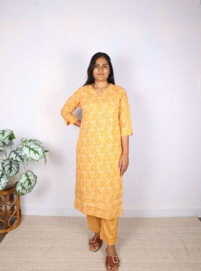 Light Orange Mango Print Cotton Kurta Set