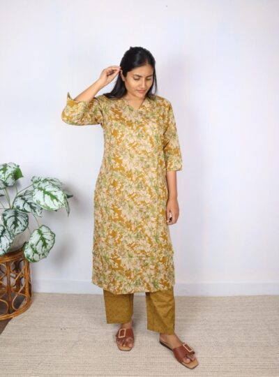 Ochre Yellow Floral Print Kurta Set