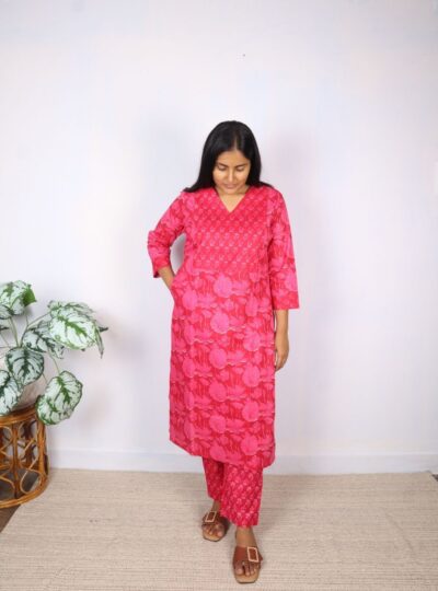 Pink Floral Print Cotton Kurta Set