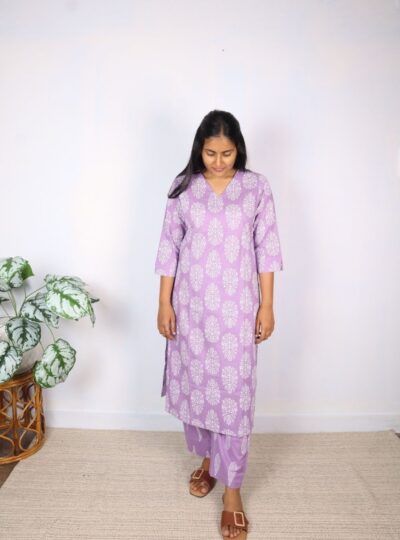 Purple Printed Cotton Kurta Set